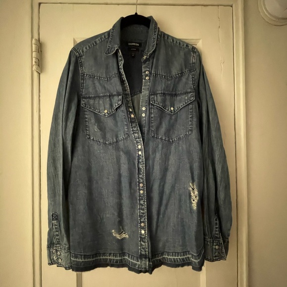 Express Tops - Express Distressed Boyfriend Fit Denim Shirt
